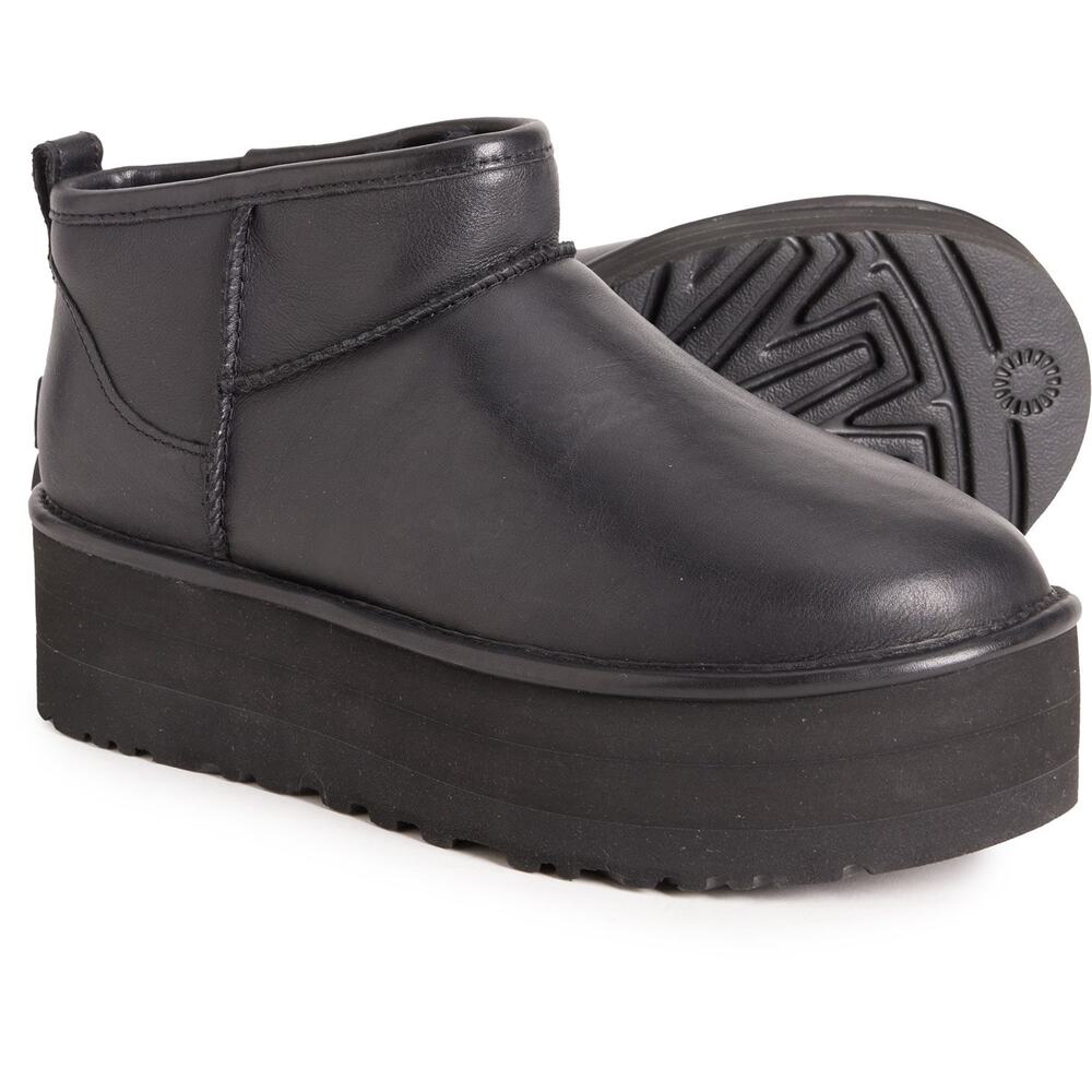 UGG Australia Women's Black Leather Classic Ultra Mini Platform Boots Size 9